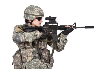 Fototapeta premium Man in an American soldier's uniform holds a rifle and aims it.