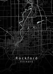 Minimalist black map of Rockford, Illinois – A modern map print highlighting infrastructure of the city, useful for tourism purposes
