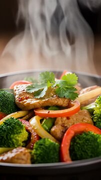 Vibrant Steaming Stir-Fry: Delicious Chicken and Fresh Vegetables, Hot and Ready to Enjoy, Dynamic Food Presentation