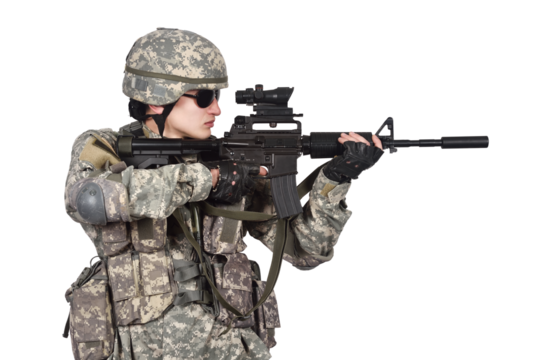 Man in an American soldier's uniform holds a rifle and aims it. - Powered by Adobe