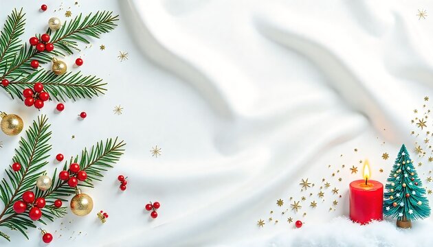 crea un'immagine di un tessuto rao satin liscio e luminoso con grafiche natalizie colorate e decorative, come alberi di Natale, candele, decorazioni e fiocchi di neve, con uno stile moderno e un tocco