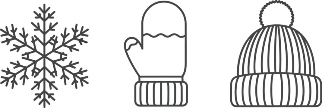 Winter icons featuring mitten, hat and snowflake design