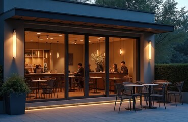 Fototapeta premium Minimalist cafe patio with tables, chairs glows in twilight. People sit inside cafe at bar, tables. Outdoor seating area offers calm evening atmosphere for guests. Warm lighting adds cozy ambiance.