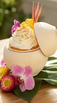 Vibrant Tropical Coconut Dessert with Whipped Cream, Toasted Flakes, and Exotic Orchids