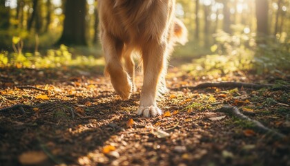 Close-up of a dog's paws walking on a forest floor in autumn. Golden fur backlit by warm sunlight. Pet adventure in nature