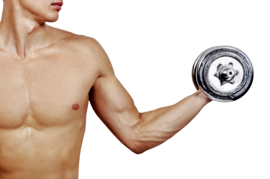 Fit man exercising with metal dumbbells