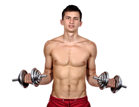 Shirtless man lifting dumbbells during workout session