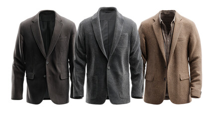 Three stylish blazers in varying shades showcasing modern fashion design for men isolated on transparent background