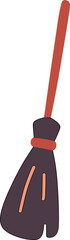 Flat minimalist illustration of a witch’s broom with a dark bristle base and red handle, representing Halloween magic, flying spells, and witchcraft symbolism.