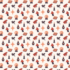 Seamless Halloween pattern featuring flat illustrations of frogs, candles, mushrooms, potion bottles, crystal balls, leaves, and spell books in warm orange and purple tones on a light background.