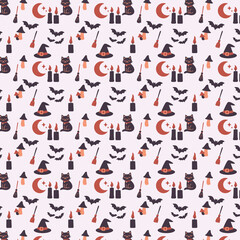 Seamless Halloween pattern featuring flat illustrations of witch hats, black cats, candles, moons, bats, brooms, and mushrooms in warm orange and dark purple tones on a soft pastel background.