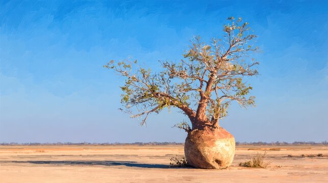 A lone boab tree stands on arid terrain against a clear blue sky capturing an outback landscape