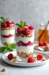 Layered glass parfait with granola yogurt raspberries. Fresh mint leaves top dessert. Cashews scattered on plate. Healthy sweet breakfast food.