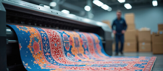 Large printer applies colorful ornate pattern onto fabric roll. Industrial textile manufacturing produces custom carpets. Worker oversees production in a warehouse setting.