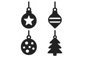 Christmas ornament icon set, festive winter season decorating baubles, holiday tree elements, transparent background