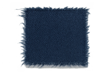 Blue denim fabric patch with frayed edges, textile swatch material texture on transparent background