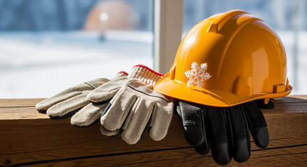 A construction worker's hard hat and gloves resting by a winter window, a photo for holiday greetings from the building and safety industry.
