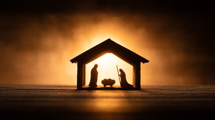 Silhouette of a nativity scene with warm glowing light symbolizing Christmas and peace. Ideal for religious, holiday, or inspirational design projects.
