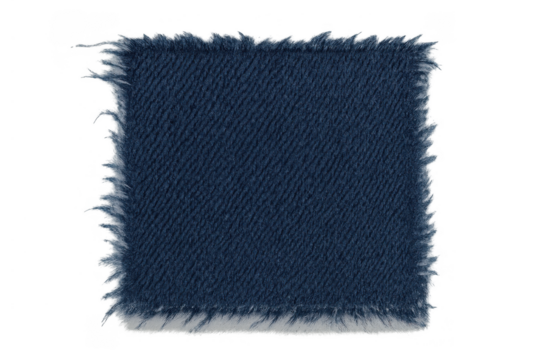 Blue denim fabric patch with frayed edges, textile swatch material texture on transparent background - Powered by Adobe