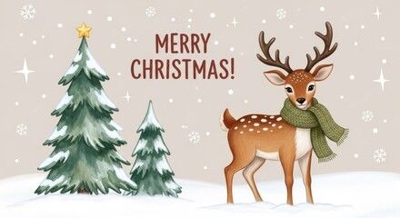 Merry Christmas Deer Trees Snowflakes - Festive holiday featuring a deer, Christmas trees, and falling snowflakes. Perfect for seasonal greetings