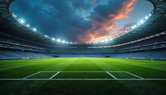Illuminated soccer arena with green turf field, goalposts, and empty blue seats under dramatic twilight sky. Bright stadium lights shine on empty sports ground at dusk ready for game. - Powered by Adobe