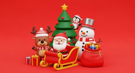 Christmas Cartoon Scene With Decorations - A cartoon scene featuring a snowman, reindeer, penguin, Santa and Christmas tree. Gifts are also present