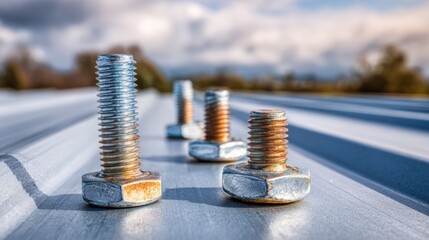 Close-Up of Rusty and Shiny Bolts on a Metal Surface Under a Dramatic Sky, Highlighting Industrial Elements and Textures in Natural Light