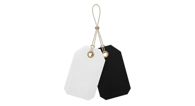 Two blank price tags, one white and one black, tied together with twine and isolated on a transparent background - Powered by Adobe
