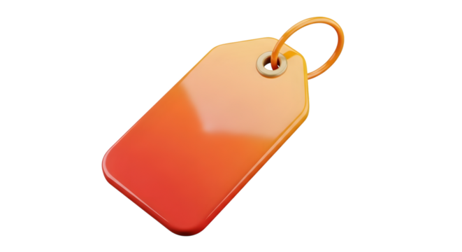 A glossy, orange and yellow gradient price tag with a loop, isolated on transparent background