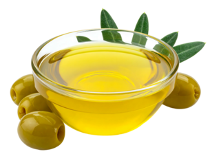 Golden olive oil fills clear glass bowl, nestled with green olives and leaves against dark background