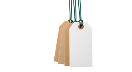 A group of blank paper tags hanging from green strings, isolated on transparent background
