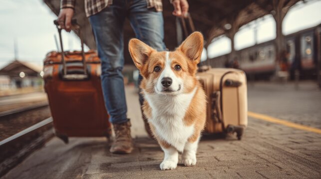 A person with luggage and a cute corgi dog at a train station, ready for travel adventure, highlighting friendship between humans and pets in a vibrant setting.