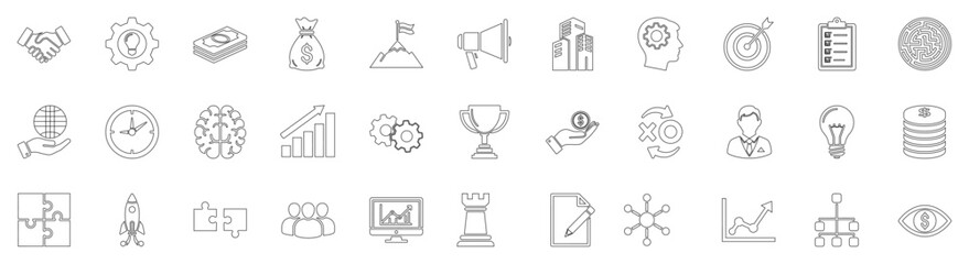 business and finance line icons. vector pictograms of gear, money, bag, goal, megaphone, mind, target, checklist, data, globe, clock, brain, chart, vision, trophy thin linear illustration.