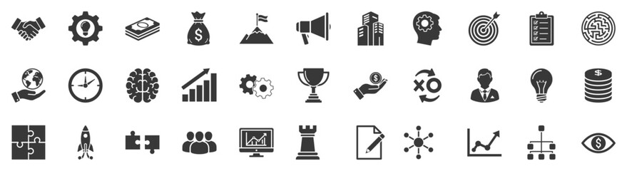 business and finance glyph icons. vector pictograms of gear, money, bag, goal, megaphone, mind, target, checklist, data, globe, clock, brain, chart, vision, trophy black sign silhouette illustration. 