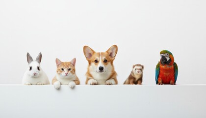 Five different domestic animals, including a rabbit, cat, corgi dog, ferret, and parrot, standing in a line and looking directly at the camera over a white surface with copy space