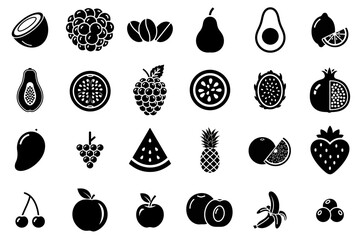 Collection of  fruit glyph icons. vector pictograms of 
coconut, pear, avocado, lemon, papaya, dragon fruit, pomegranate, mango, grapes, watermelon, orange black sign silhouette illustration.