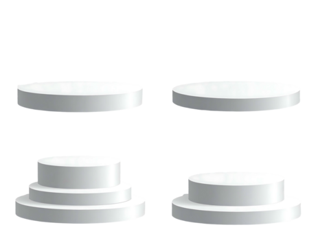Four white, round platforms are depicted on a black background, some with steps, presenting product display options