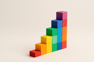 Colorful blocks stacked in step pattern symbolize business strategy and success, illustrating growth and progress in creative and vibrant way