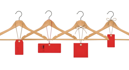 Four wooden clothes hangers with red tags hanging from them, isolated on transparent background
