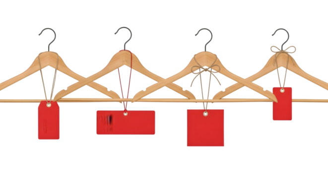 Four wooden clothes hangers with red tags hanging from them, isolated on transparent background - Powered by Adobe