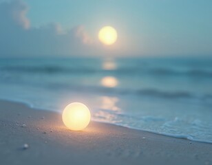 Obraz premium Glowing sphere rests on beach sand with ocean waves lapping shore. Soft sun or moon shines brightly reflected on the calm water. Serene coastal scene at twilight or dawn.