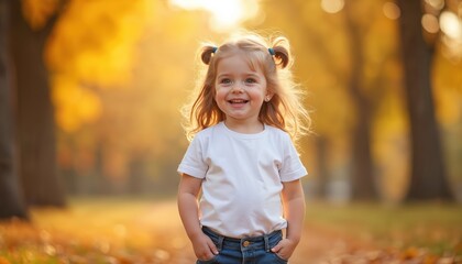 Happy little girl smiling. Child with pigtails poses in park. Kid in jeans, white tshirt enjoys autumn season. Portrait of cute baby. Toddler in sunlight at warm background.