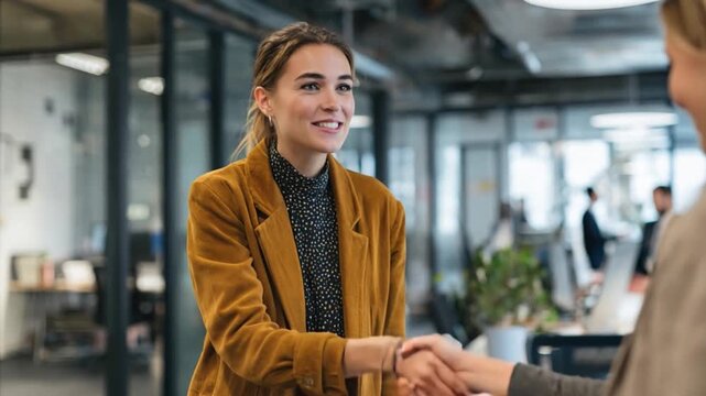 Empathetic Agreement: Two individuals seal a deal, exchanging a professional handshake in a modern office, symbolizing trust and collaboration.