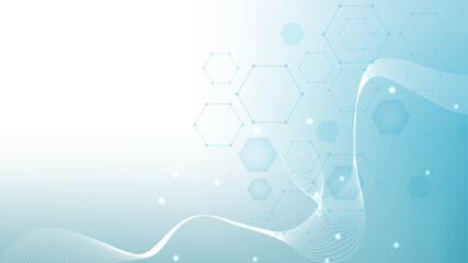 Health care or medical abstract background with hexagons, lines and dots. Scientific innovation banner template concept. Biology and pharmaceutical technology background. Vector illustration.