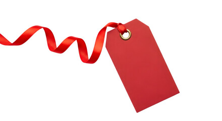 A blank red gift tag with a curling red ribbon isolated on transparent background