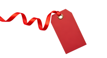 A blank red gift tag with a curling red ribbon isolated on transparent background