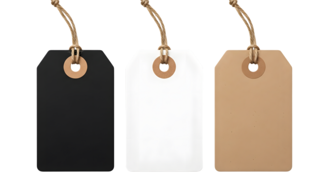 Three blank gift tags, one black, one white, and one brown, isolated on transparent background - Powered by Adobe