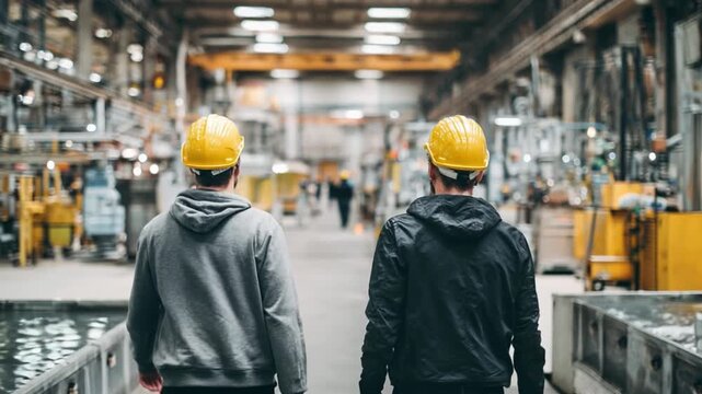 Factory Workforce Collaboration: Two workers, donned in hard hats, embark on their factory journey, navigating the industrial landscape, illustrating teamwork.