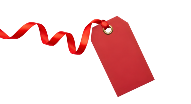 A blank red gift tag with a curling red ribbon isolated on transparent background