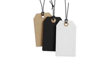 Three blank price tags in different colors kraft, black, white hanging on strings, isolated on transparent background